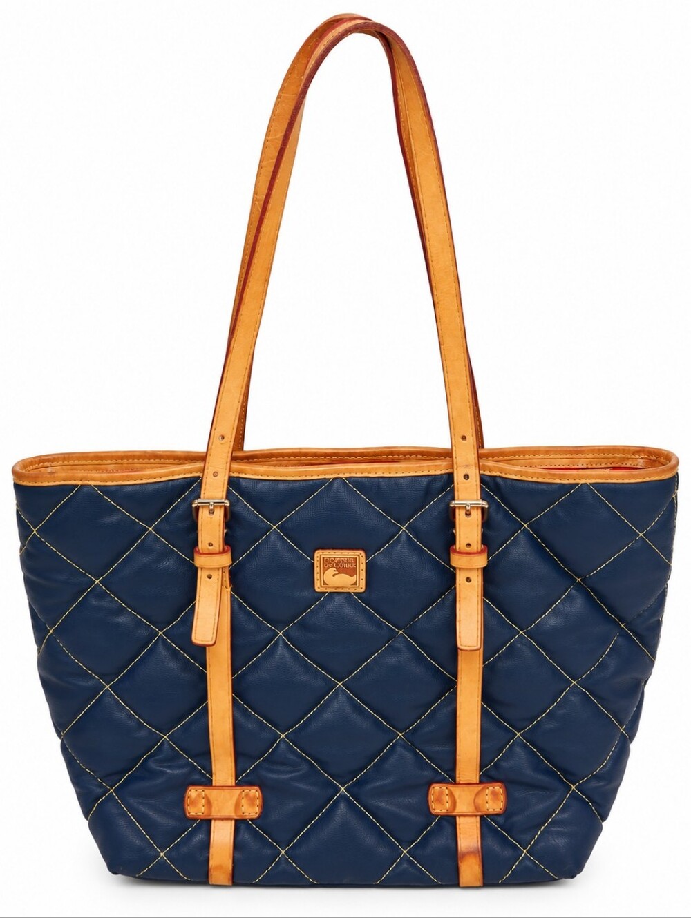 Vintage Dooney & Bourke Navy Quilted Tote British Tan Leather Red Lining